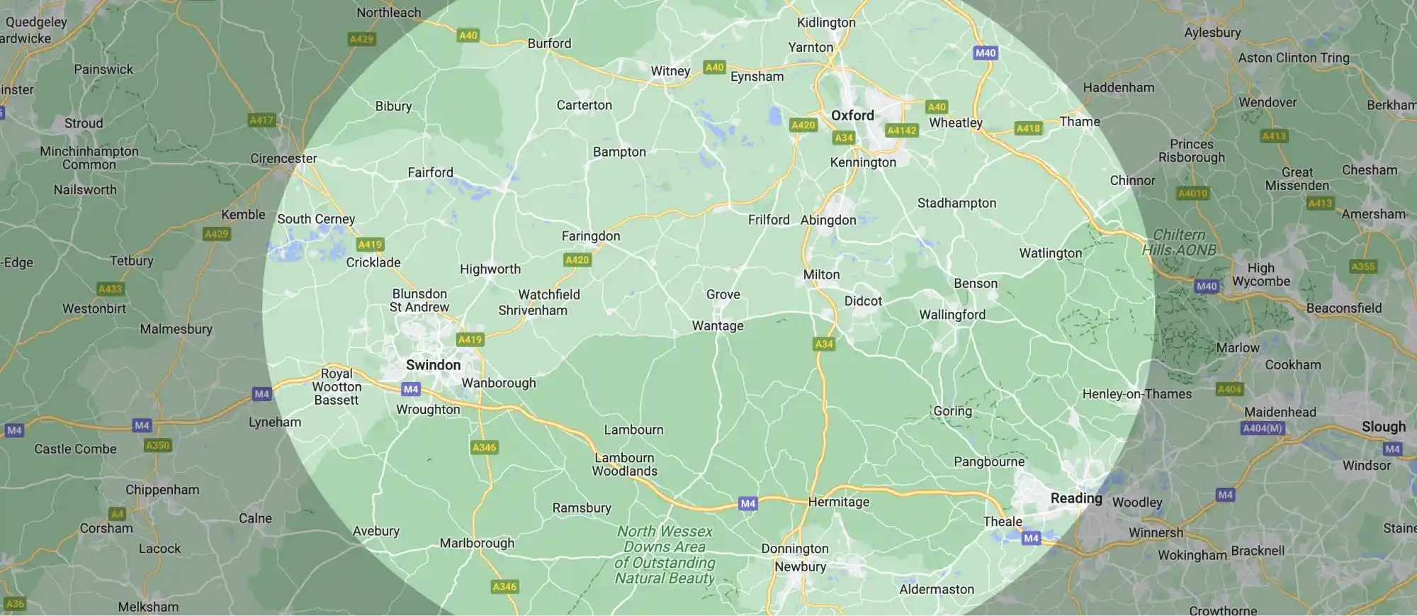 A map showing the area in which G&M Building Contractors provides their building services and natural stone work services. The areas include Oxford, Wantage, Swindon, Oxfordshire and Berkshire.